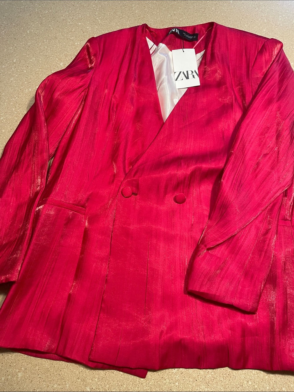 Zara Satin-Effect Double-Breasted Blazer in Red